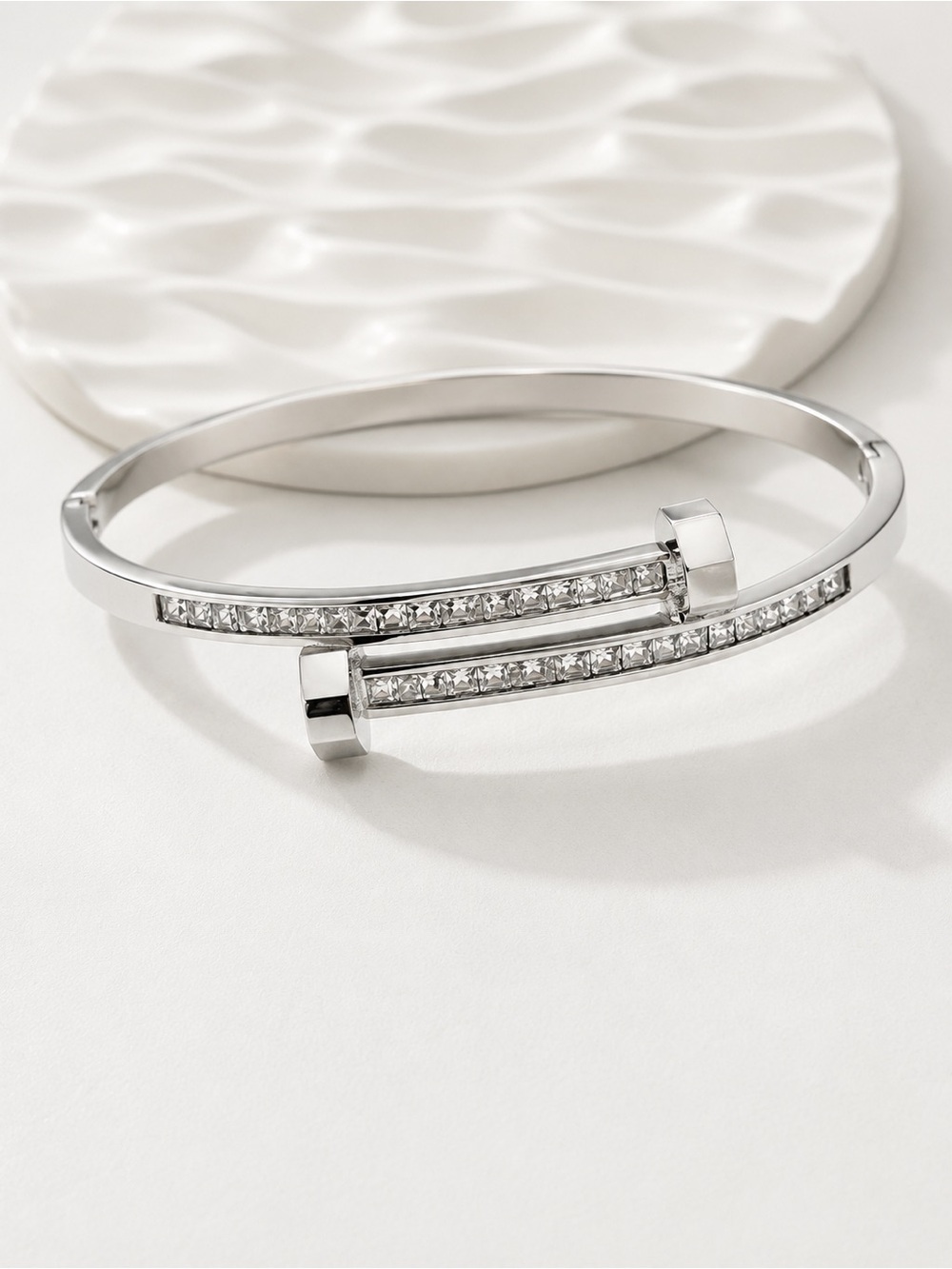 Stainless Steel Crystal Hinged Cuff Bracelet - Silver size 7